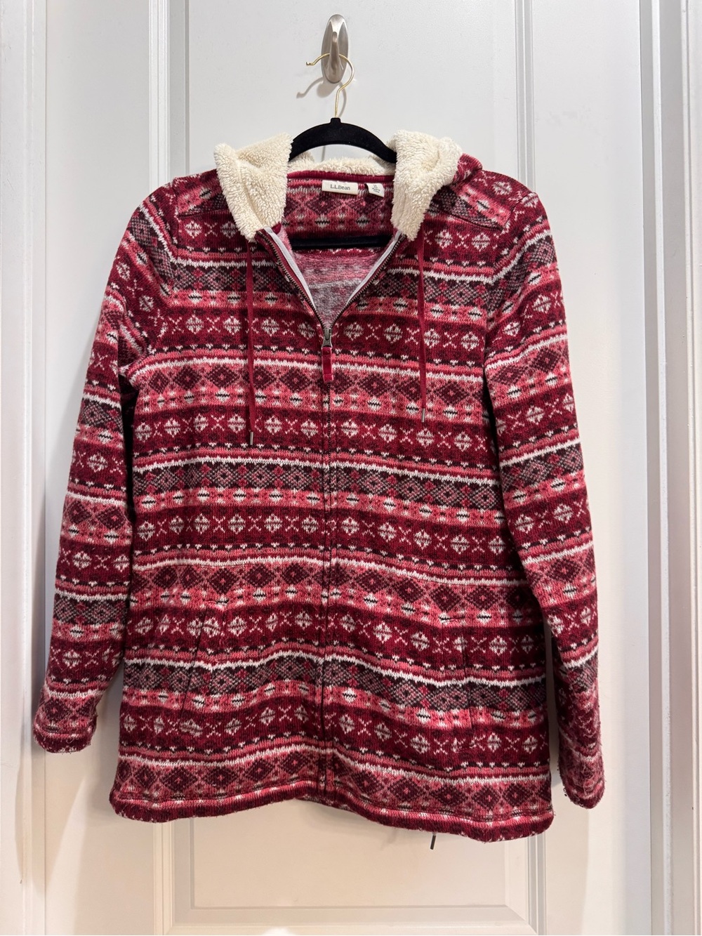 LL Bean Burgundy Fair Isle Print Full Zip Jacket Medium Hooded Pockets